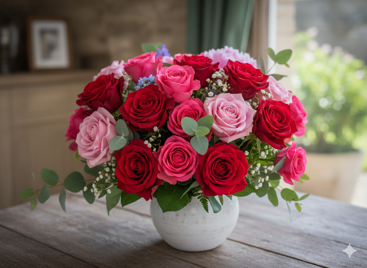 Romantisk rosbukett i rött och rosa