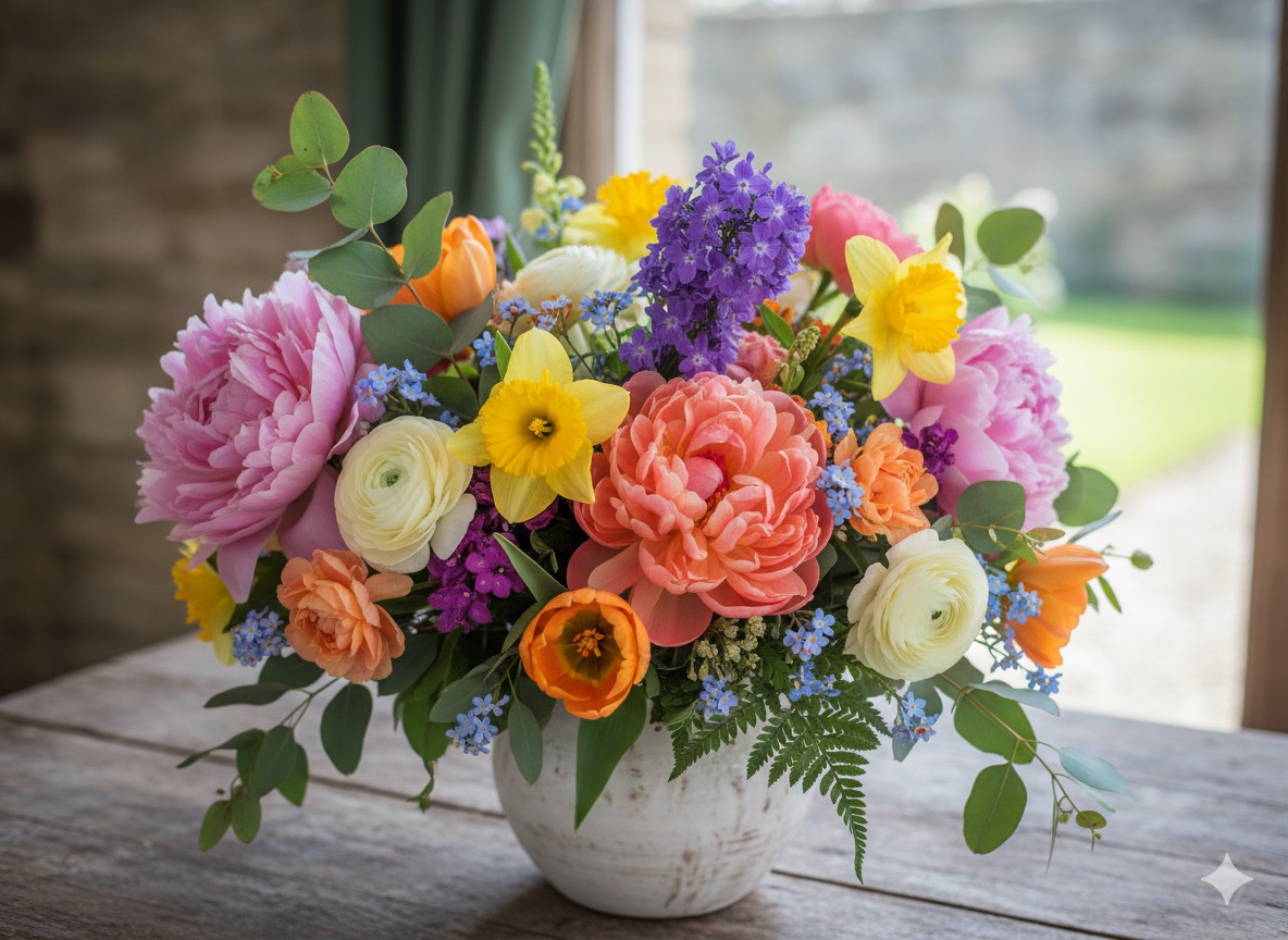 Vårbukett med färgglada blommor