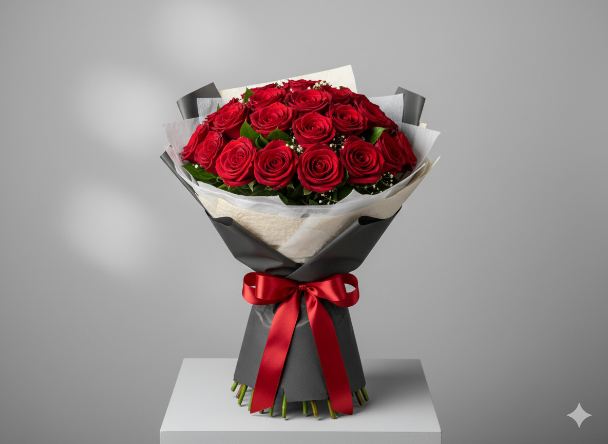 Klassisk rosbukett med röda rosor